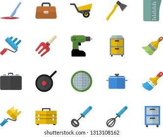 Color flat icon set drill screwdriver flat vector, tool bag, paint brush, roller, ax, saucepan, teflon, meashuring cup, whisk, sieve, pitchfork, garden wheelbarrow, case, briefcase, scalpel, archive