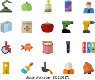 Color flat icon set drill screwdriver flat vector, paint brush, door lock, saucepan, tomato, fish, lemonade, seeds, robotics, metallurgy, person, disabled, sticker, folder, tie, steroids, bell