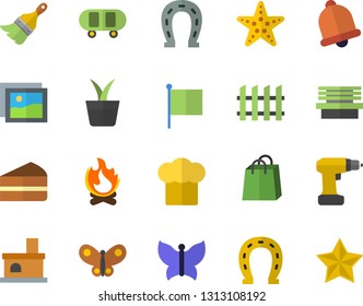 Color flat icon set drill screwdriver flat vector, paint brush, fence, cook hat, piece of cake, home plant, horseshoe, butterflies, bonfire, bench, fireplace, flag, bags, skateboard, starfish fector