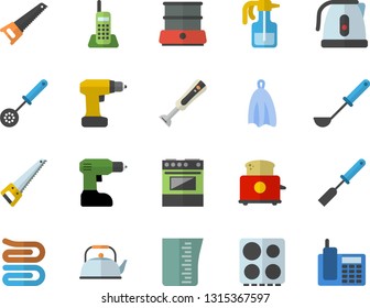Color flat icon set drill screwdriver flat vector, saw, meashuring cup, teapot, electric kettle, ladle, kitchen spatula, spoon, towel, stove, toaster, double boiler, blender, pulverizer, telephone