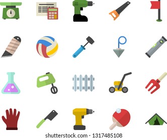 Color flat icon set drill screwdriver flat vector, saw, level meter, calculator, construction plummet, stationery knife, weighing machine, knives, meat hammer, mixer, pitchfork, gloves, lawn mower