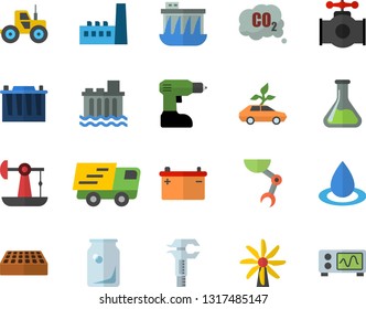 Color flat icon set drill screwdriver flat vector, brick, tractor, oil pumping, main pipeline, windmill, chemistry, accumulator, hydroelectric power station, manufactory, drop, eco cars, trammel