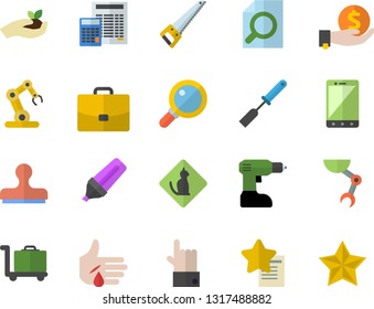 Color flat icon set drill screwdriver flat vector, saw, calculator, kitchen spatula, seedlings, case, marker, investments, injury, magnifier, robot hand, industrial, luggage trolley fector, stamp