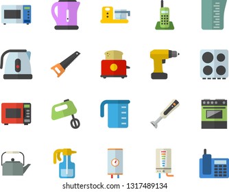 Color flat icon set drill screwdriver flat vector, saw, boiler, meashuring cup, teapot, electric kettle, stove, microwave, toaster, mixer, blender, food processor, pulverizer, telephone