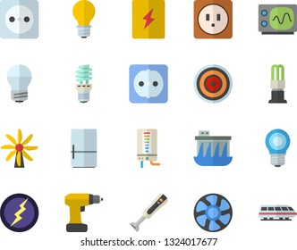 Color flat icon set drill screwdriver flat vector, sockets, energy saving lamp, switch box, boiler, induction cooker, blender, fridge, ventilation, windmill, socket, hydroelectric power station
