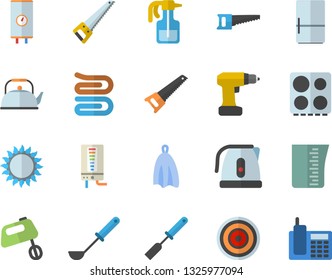 Color flat icon set drill screwdriver flat vector, saw, boiler, meashuring cup, teapot, electric kettle, ladle, kitchen spatula, towel, stove, induction cooker, gas, mixer, fridge, pulverizer