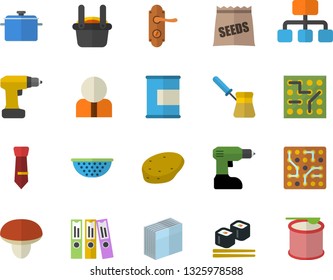 Color flat icon set drill screwdriver flat vector, door lock, saucepan, colander, turk, mushroom, potato, fish rolls, seeds, metallurgy, hierarchy, person, sticker, folder, tie, electronic circuit