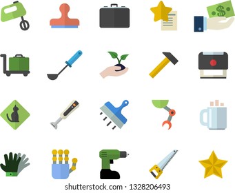 Color flat icon set drill screwdriver flat vector, saw, putty knife, hammer, ladle, mixer, blender, seedlings, gloves, case, investments, coffee, stamp, robot hand, luggage trolley fector, favorites