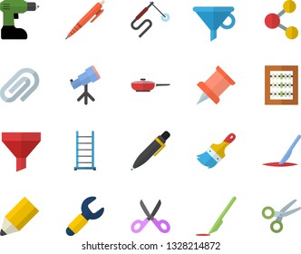 Color flat icon set drill screwdriver flat vector, ladder, paint brush, frying pan, scissors, welding, wrench, funnel, scalpel, clip, abacus, pencil, pen, pushpin, telescope, share