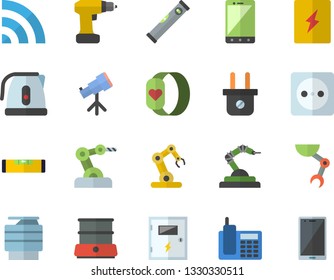 Color flat icon set drill screwdriver flat vector, level meter, switch box, electric kettle, double boiler, socket, plug, robotics, telephone, copy machine, robot hand, industrial, telescope, mobile