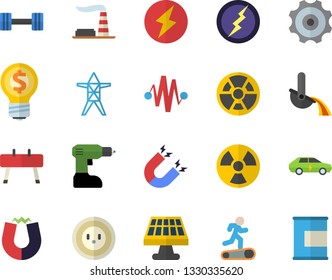 Color flat icon set drill screwdriver flat vector, solar battery, factory, socket, power line support, radiation, electric cars, metallurgy, idea, lightning, magnet, cogwheel, discharge fector