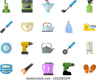 Color flat icon set drill screwdriver flat vector, saw, sink, boiler, teapot, electric kettle, ladle, kitchen spatula, spoon, towel, stove, gas, food processor, plates, pulverizer, telephone