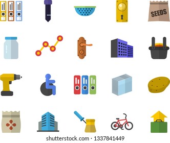 Color flat icon set drill screwdriver flat vector, door lock, colander, turk, glass jar, potato, seeds, metallurgy, scatter chart, disabled, office building, sticker, folder, tie, folders for papers