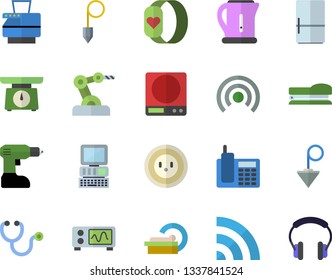 Color flat icon set drill screwdriver flat vector, construction plummet, weighing machine, electric kettle, fridge, socket, stethoscope, tomograph, telephone, copy, stapler, computer, oscilloscope