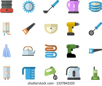 Color flat icon set drill screwdriver flat vector, saw, sink, boiler, meashuring cup, teapot, electric kettle, ladle, kitchen spoon, towel, gas, mixer, double, plates, telephone