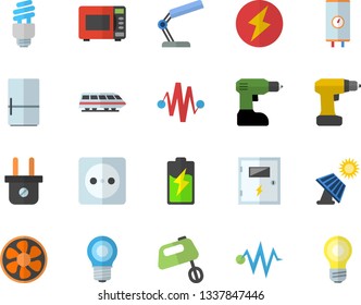 Color flat icon set drill screwdriver flat vector, switch box, boiler, microwave, mixer, fridge, ventilation, battery, solar, lamp, socket, plug, reading, energy saving fector, lightning, train