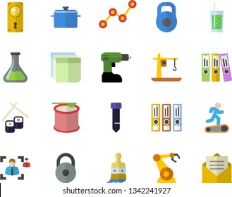 Color flat icon set drill screwdriver flat vector, door lock, saucepan, fish rolls, soda, paint brush, chemistry, crane, robotics, scatter chart, recruitment, sticker, folder, tie, weight, Treadmill