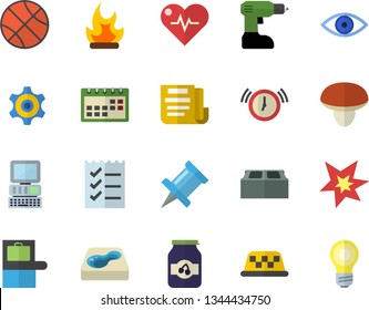 Color flat icon set drill screwdriver flat vector, brick, mushroom, jam, bonfire, pool, cogwheel, eye, calendar, document, to do list, computer, spark, basketball, heartbeat, baggage claim fector