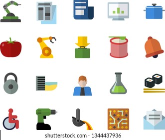 Color flat icon set drill screwdriver flat vector, saucepan, tomato, fish rolls, chemistry, robotics, metallurgy, person, news, disabled, computer chart, electronic circuit, weight, steroids, bell