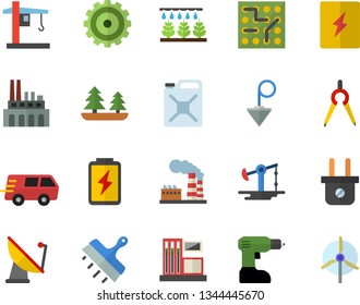 Color flat icon set drill screwdriver flat vector, switch box, putty knife, construction plummet, sprinkling machine, battery, oil pumping, gas station, factory, forest, plug socket, plant, canister