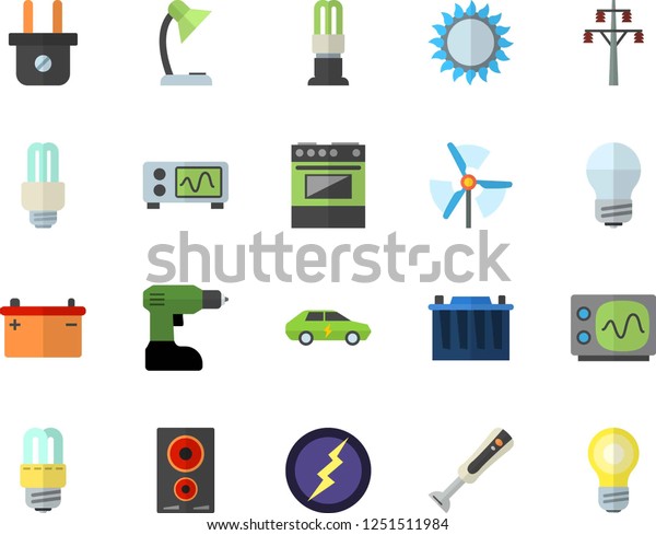 Color flat icon set drill screwdriver flat
vector, energy saving lamp, electric stove, induction cooker, gas,
blender, accumulator, plug socket, power line support, cars,
reading, fector,
lightning