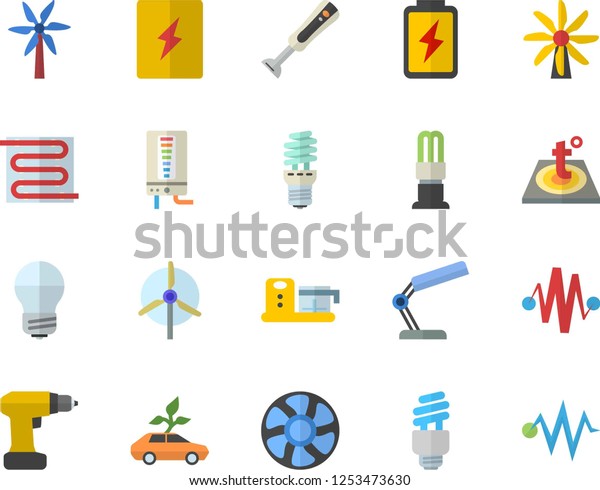 Color\
flat icon set drill screwdriver flat vector, energy saving lamp,\
switch box, warm floor, boiler, blender, food processor, windmill,\
ventilation, battery, eco cars, reading,\
fector