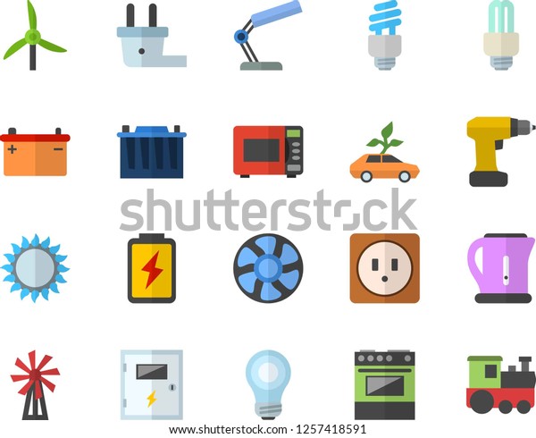 Color flat icon set drill screwdriver flat vector,
sockets, switch box, electric kettle, stove, gas, microwave,
windmill, ventilation, battery, accumulator, plug socket, eco cars,
reading lamp, bulb