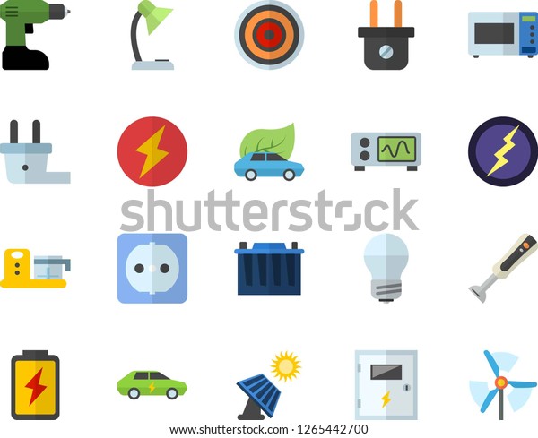Color flat icon set drill screwdriver flat vector,\
sockets, energy saving lamp, switch box, induction cooker,\
microwave, blender, food processor, battery, solar, accumulator,\
plug socket, eco cars