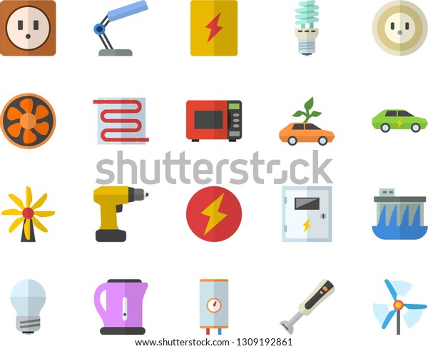 Color flat icon set drill screwdriver flat\
vector, sockets, energy saving lamp, switch box, warm floor,\
boiler, electric kettle, microwave, blender, ventilation, windmill,\
socket, eco cars,\
reading