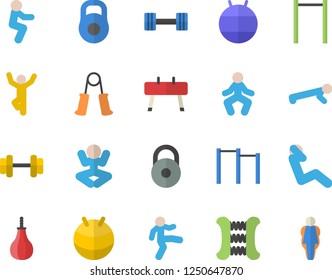 Color flat icon set dumbbell flat vector, weight, carpal expander, parallel bars, sports equipment horse, pear, fitball, yoga, gymnastics, squats, push up, swing press, size