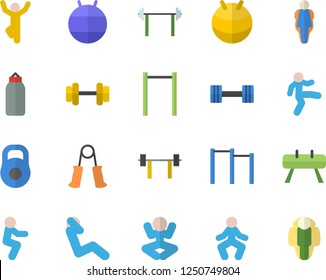 Color flat icon set dumbbell flat vector, barbell, weight, carpal expander, parallel bars, sports equipment horse, pear, fitball, yoga, gymnastics, squats, swing press, size, lose