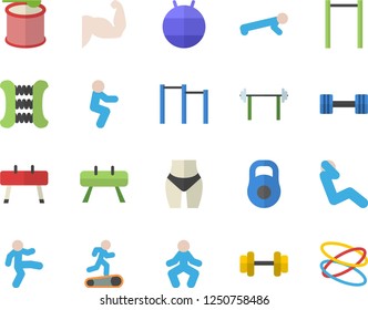 Color flat icon set dumbbell flat vector, barbell, weight, muscles, waistline, carpal expander, parallel bars, sports equipment horse, fitball, Treadmill, gymnastics, squats, push up, swing press