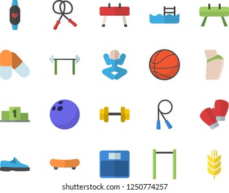 Color flat icon set dumbbell flat vector, barbell, pedestal, sneakers, bowling ball, skateboard, basketball, weighing machine, buttocks, skipping rope, parallel bars, sports equipment horse, pills