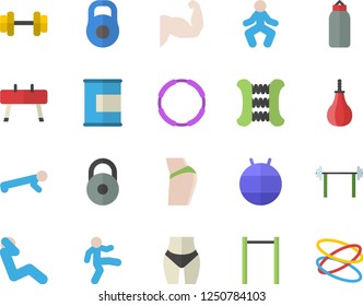 Color flat icon set dumbbell flat vector, barbell, weight, muscles, buttocks, waistline, carpal expander, parallel bars, sports equipment horse, pear, fitball, gymnastics, push up, swing press, hoop