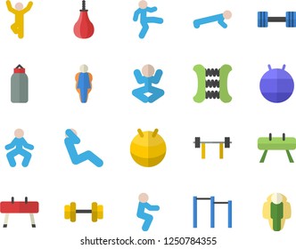 Color flat icon set dumbbell flat vector, barbell, carpal expander, parallel bars, sports equipment horse, pear, fitball, yoga, gymnastics, squats, push up, swing press, size, lose weight