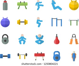 Color flat icon set dumbbell flat vector, barbell, weight, carpal expander, parallel bars, sports equipment horse, pear, fitball, yoga, gymnastics, squats, swing press, size