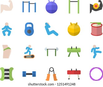 Color flat icon set dumbbell flat vector, barbell, weight, muscles, buttocks, carpal expander, parallel bars, sports equipment horse, fitball, Treadmill, gymnastics, swing press, steroids, hoop