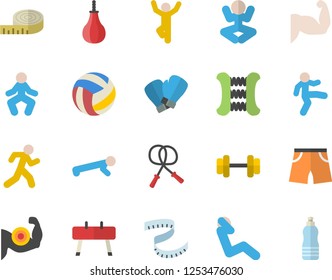 Color flat icon set dumbbell flat vector, volleyball, centimeter, muscles, skipping rope, carpal expander, sports equipment horse, pear, athletic shorts, boxing gloves, yoga, gymnastics, push up