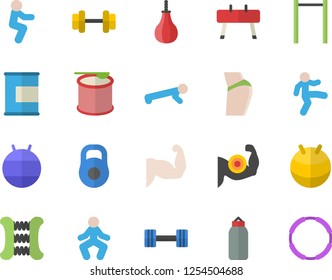 Color flat icon set dumbbell flat vector, weight, muscles, buttocks, carpal expander, parallel bars, sports equipment horse, pear, fitball, gymnastics, squats, push up, proteins, steroids, hoop