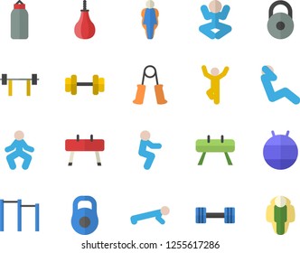 Color flat icon set dumbbell flat vector, barbell, weight, carpal expander, parallel bars, sports equipment horse, pear, fitball, yoga, gymnastics, squats, push up, swing press, size, lose