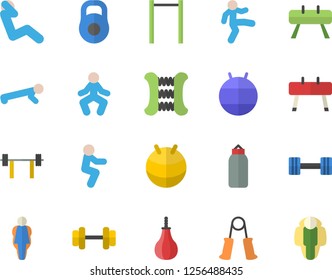 Color flat icon set dumbbell flat vector, barbell, weight, carpal expander, parallel bars, sports equipment horse, pear, fitball, gymnastics, squats, push up, swing press, size, lose