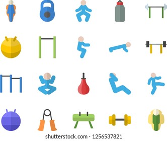 Color flat icon set dumbbell flat vector, barbell, weight, carpal expander, parallel bars, sports equipment horse, pear, fitball, yoga, gymnastics, squats, push up, swing press, size, lose