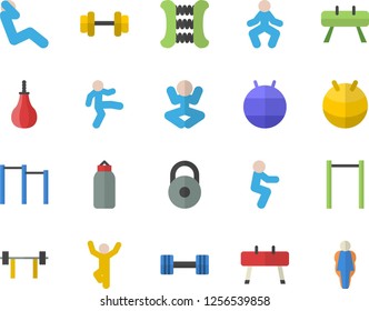 Color flat icon set dumbbell flat vector, barbell, weight, carpal expander, parallel bars, sports equipment horse, pear, fitball, yoga, gymnastics, squats, swing press, size