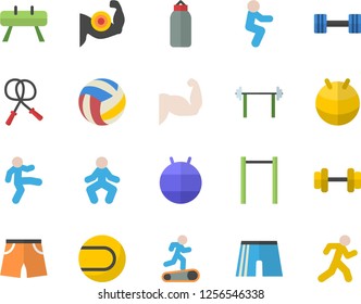 Color flat icon set dumbbell flat vector, barbell, volleyball, muscles, skipping rope, parallel bars, sports equipment horse, pear, athletic shorts, tennis ball, fitball, Treadmill, gymnastics, run