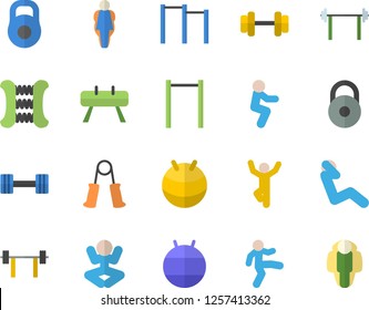 Color flat icon set dumbbell flat vector, barbell, weight, carpal expander, parallel bars, sports equipment horse, fitball, yoga, gymnastics, squats, swing press, size, lose