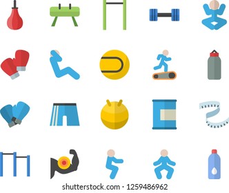 Color flat icon set dumbbell flat vector, centimeter, muscles, parallel bars, sports equipment horse, pear, athletic shorts, tennis ball, fitball, boxing gloves, yoga, Treadmill, gymnastics, squats
