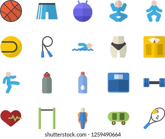 Color flat icon set dumbbell flat vector, skateboard, basketball, heartbeat, weighing machine, waistline, skipping rope, parallel bars, sports pear, athletic shorts, tennis ball, fitball, yoga, size