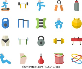 Color flat icon set dumbbell flat vector, barbell, weight, buttocks, waistline, carpal expander, parallel bars, sports equipment horse, pear, fitball, Treadmill, gymnastics, swing press, steroids