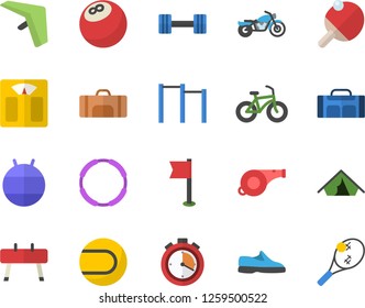 Color flat icon set dumbbell flat vector, whistle, sneakers, bowling ball, weighing machine, bicycle, stopwatch, parallel bars, sports equipment horse, flag, tennis, fitball, hoop, table, sport bag
