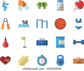 Color flat icon set dumbbell flat vector, weight, skateboard, basketball, heartbeat, vitamins, stopwatch, carpal expander, parallel bars, sports pear, flag, swimsuit, pills, squats, proteins, pool